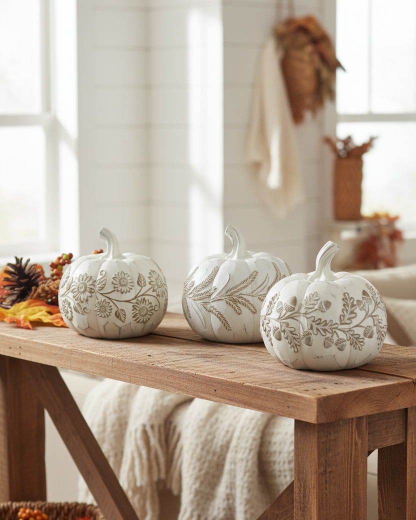 White Embossed Harvest Pumpkin Small
