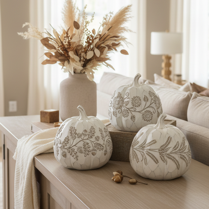 White Embossed Harvest Pumpkin Large