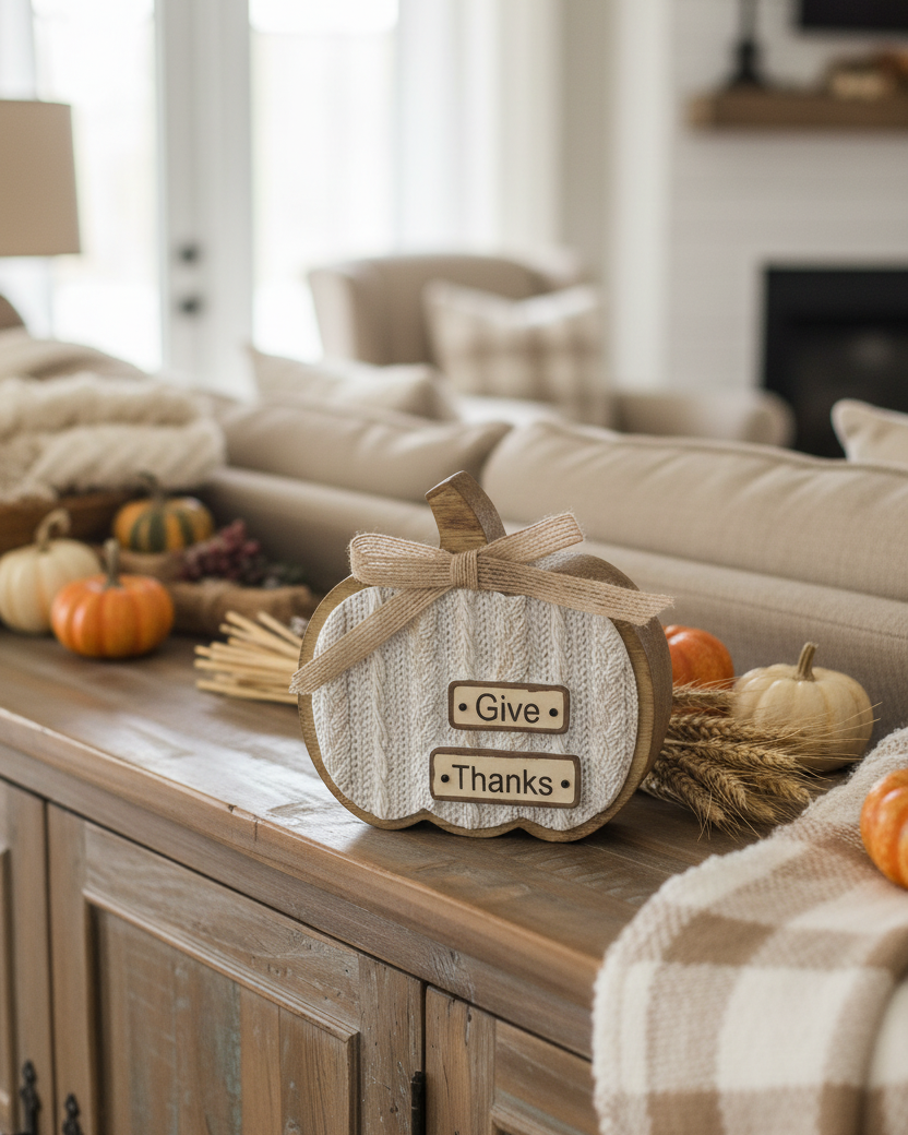 Cable Knit Textured Pumpkin Block With Bows Round
