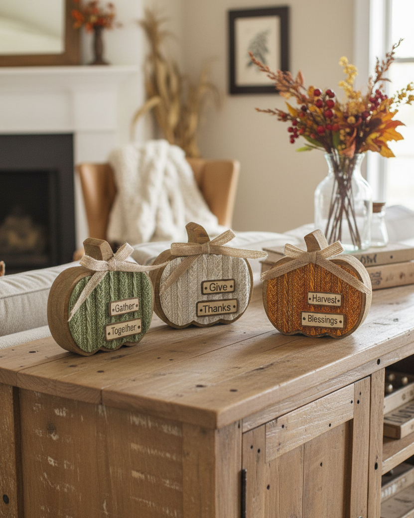 Cable Knit Textured Pumpkin Block With Bows Round