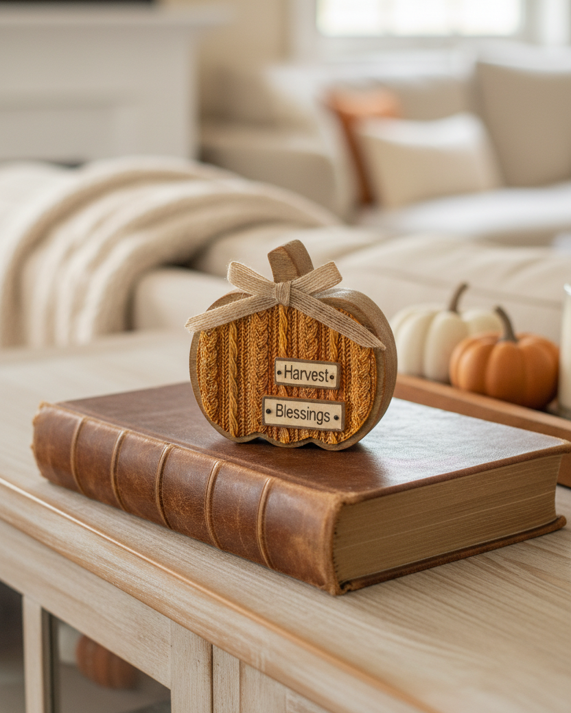 Cable Knit Textured Pumpkin Block With Bows Round