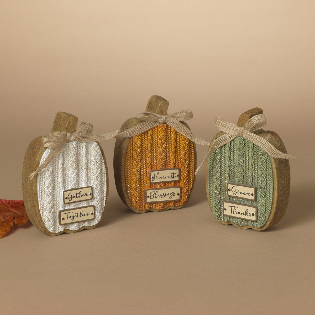 Cable Knit Textured Pumpkin Block With Bows Tall