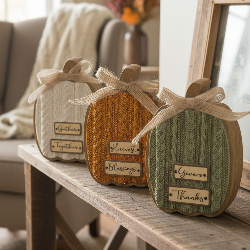 Cable Knit Textured Pumpkin Block With Bows Tall