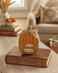 Cable Knit Textured Pumpkin Block With Bows Tall