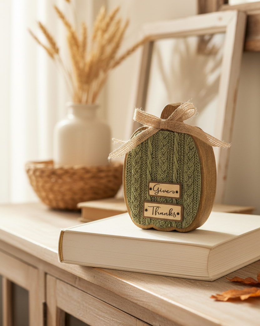 Cable Knit Textured Pumpkin Block With Bows Tall