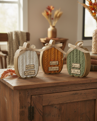 Cable Knit Textured Pumpkin Block With Bows Tall