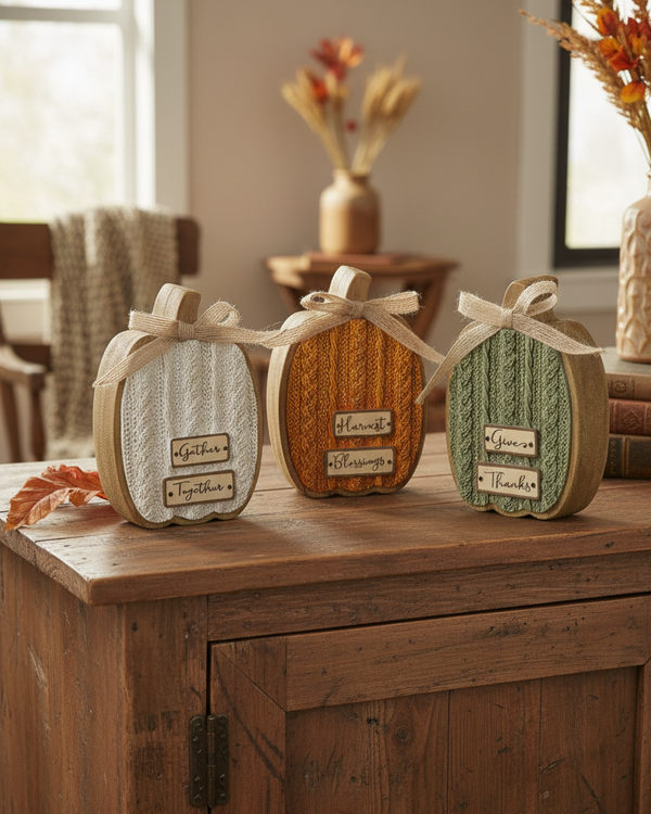 Cable Knit Textured Pumpkin Block With Bows Tall