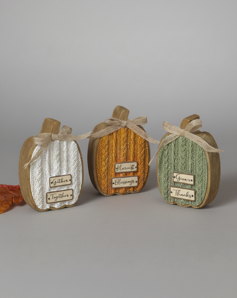 Cable Knit Textured Pumpkin Block With Bows Tall