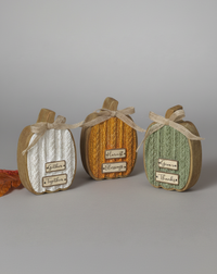 Cable Knit Textured Pumpkin Block With Bows Tall