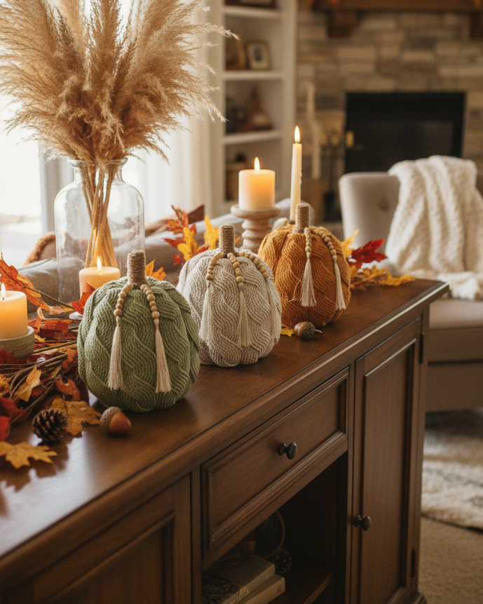 Cable Knit Harvest Pumpkin with Beaded Tassel