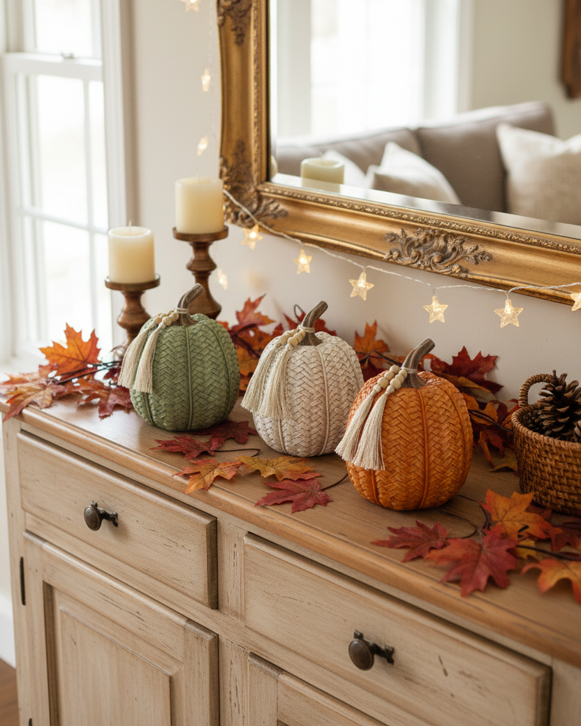 Woven Harvest Pumpkin with Beaded Tassel