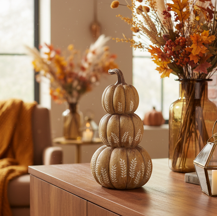 Natural Wheat Harvest Stacked Pumpkins