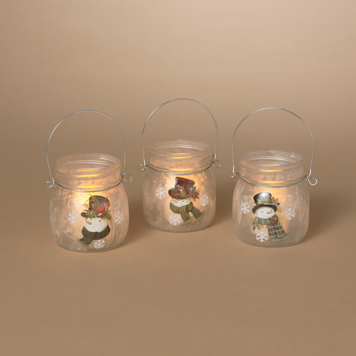 Frosted Glass Snowman Lantern Set of 3