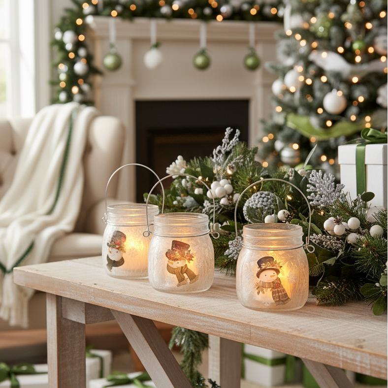 Frosted Glass Snowman Lantern Set of 3