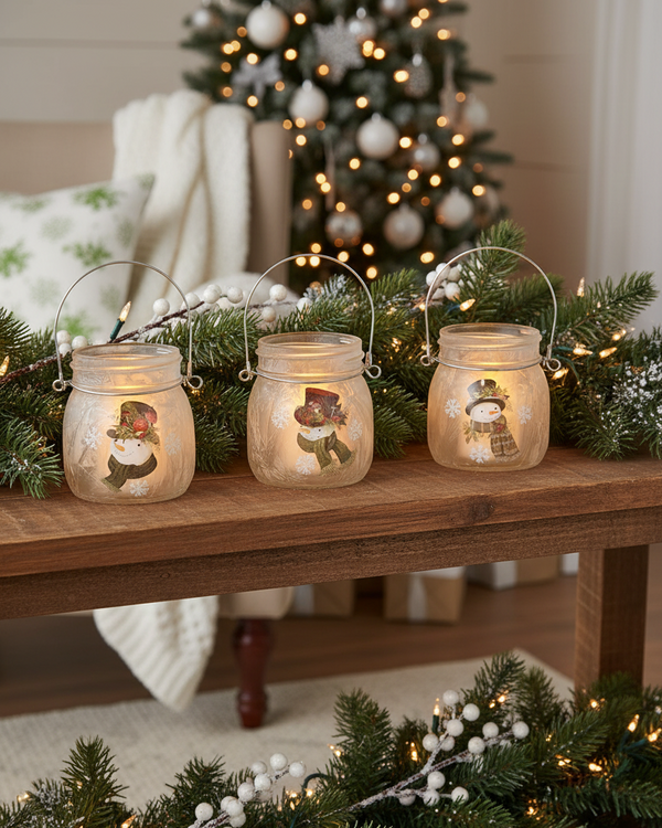 Frosted Glass Snowman Lantern Set of 3