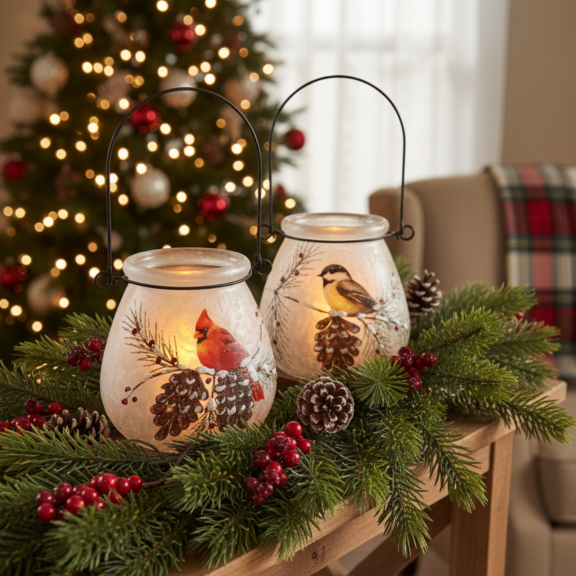 Frosted Glass Winter Bird Lantern Set