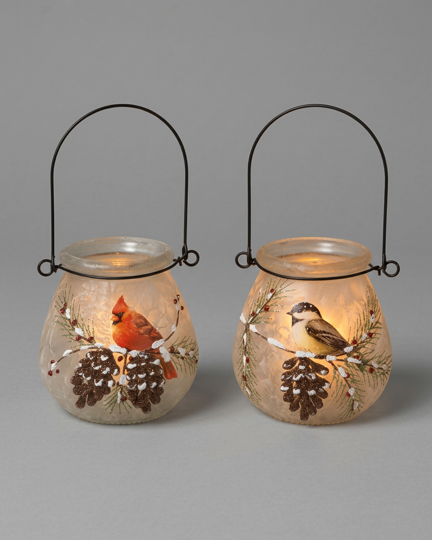 Frosted Glass Winter Bird Lantern Set