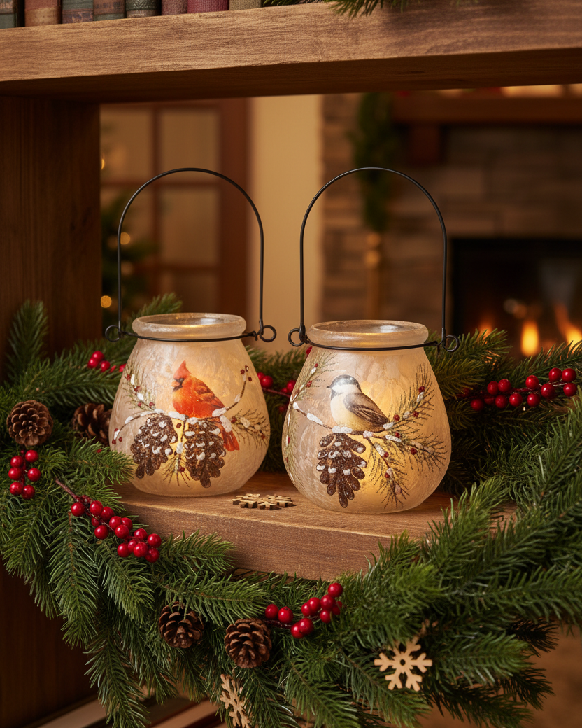 Frosted Glass Winter Bird Lantern Set