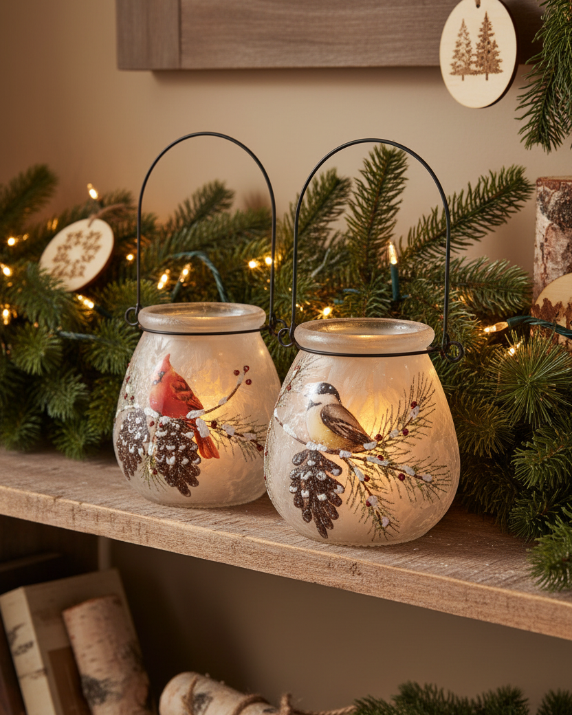 Frosted Glass Winter Bird Lantern Set