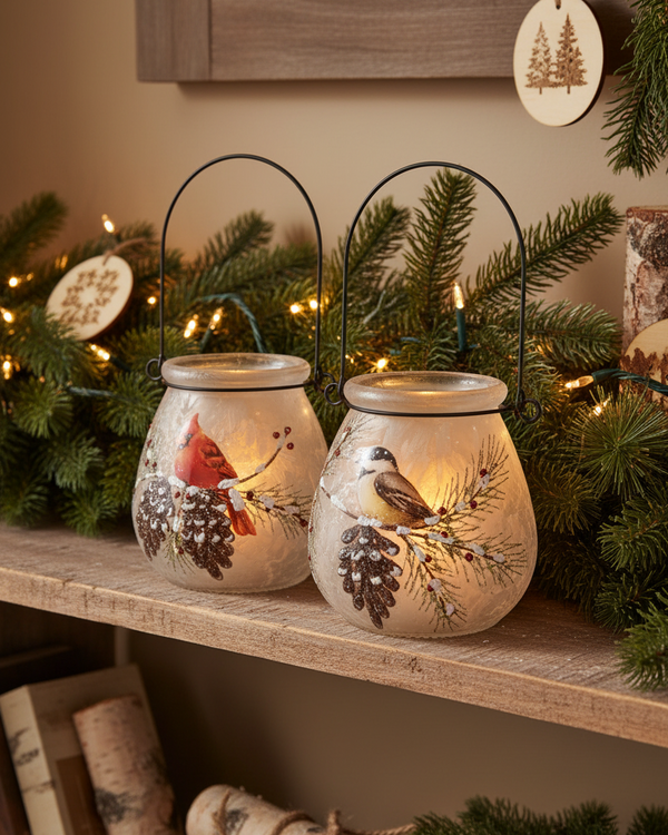 Frosted Glass Winter Bird Lantern Set