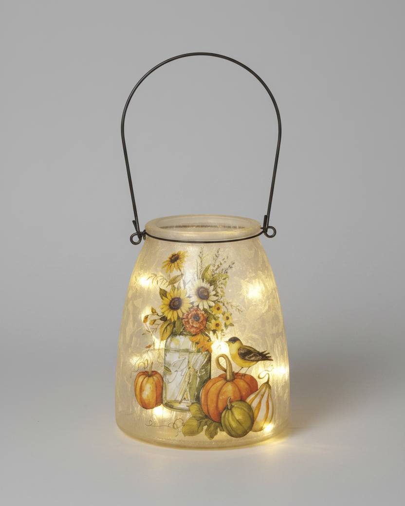 Lighted Frosted Glass Harvest Design Lantern