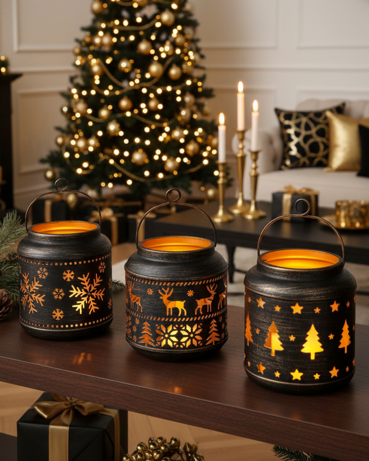 Light Up Metal Winter Lantern Black