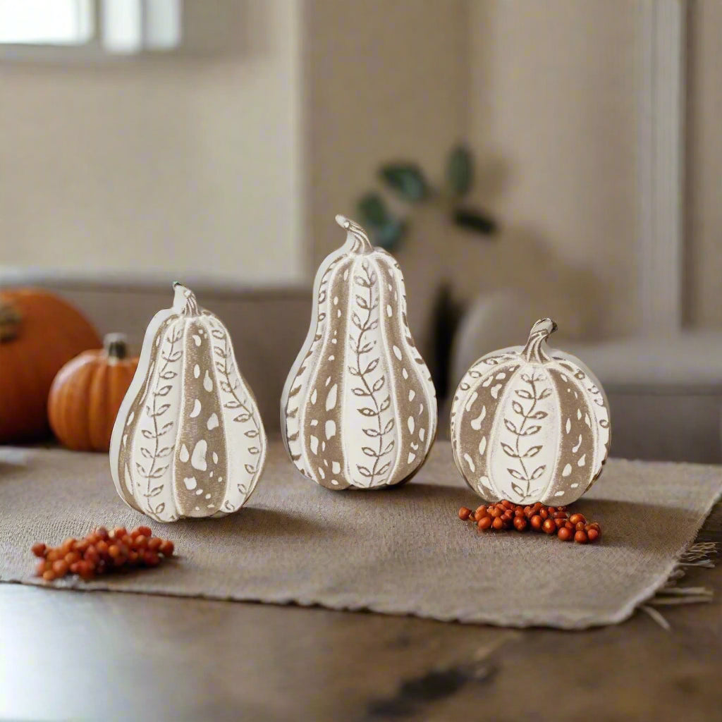 Rustic Carved Wood White Harvest Gourd