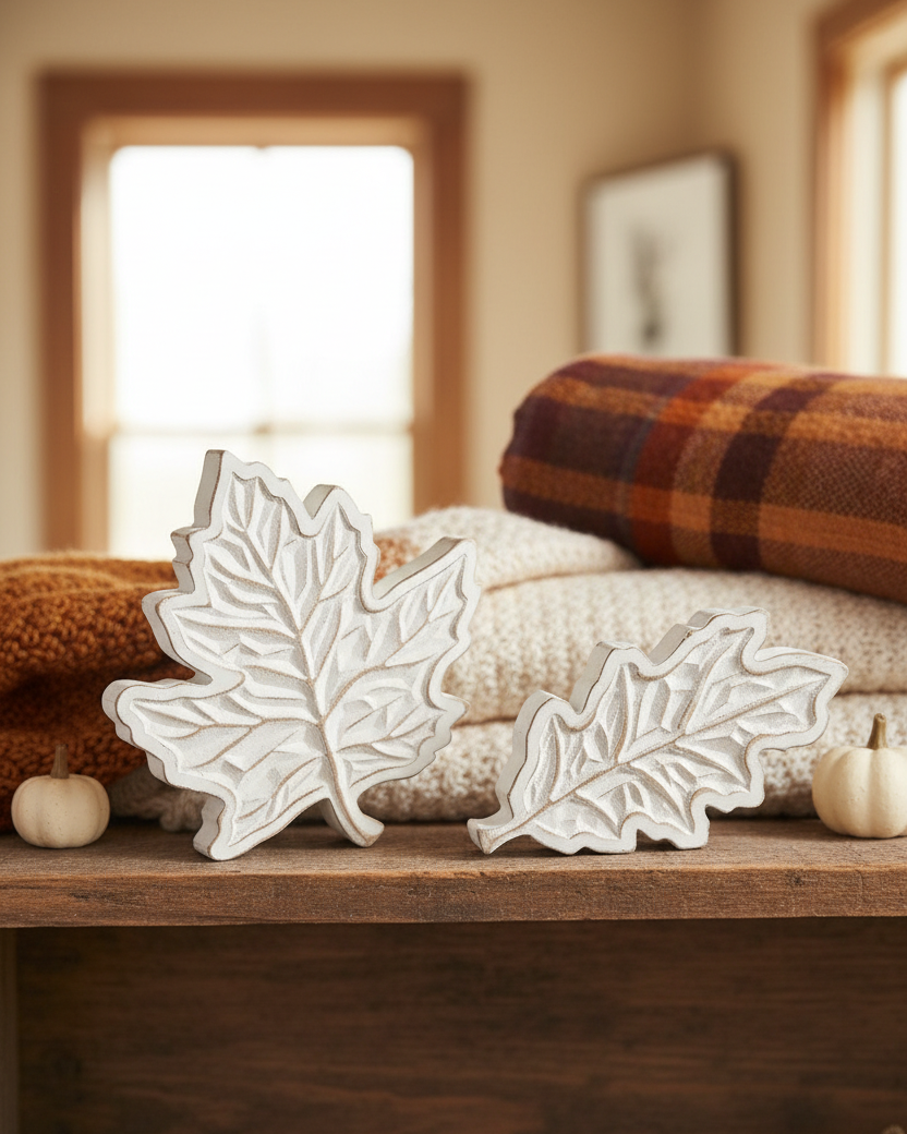 Rustic Carved Wood White Harvest Leaf
