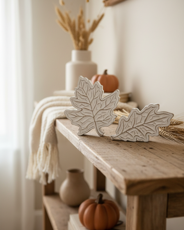 Rustic Carved Wood White Harvest Leaf