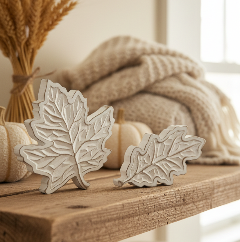 Rustic Carved Wood White Harvest Leaf