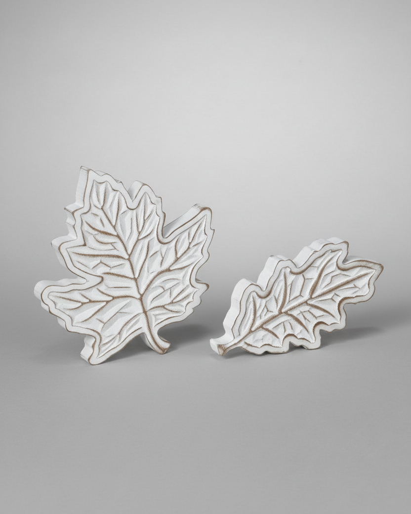 Rustic Carved Wood White Harvest Leaf