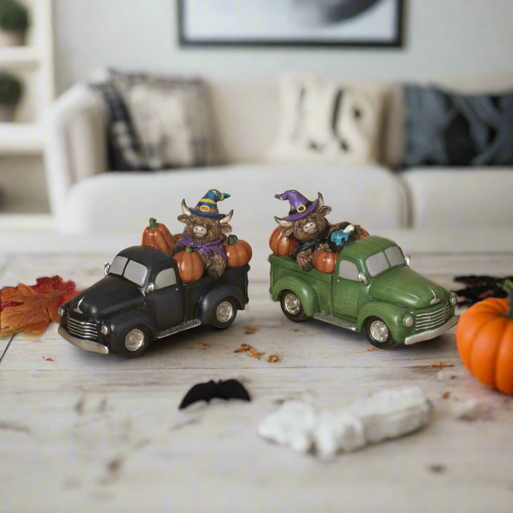 Halloween Highland Cow In Farm Truck