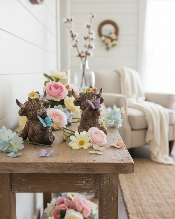 Highland Cow with Butterfly and Flowers