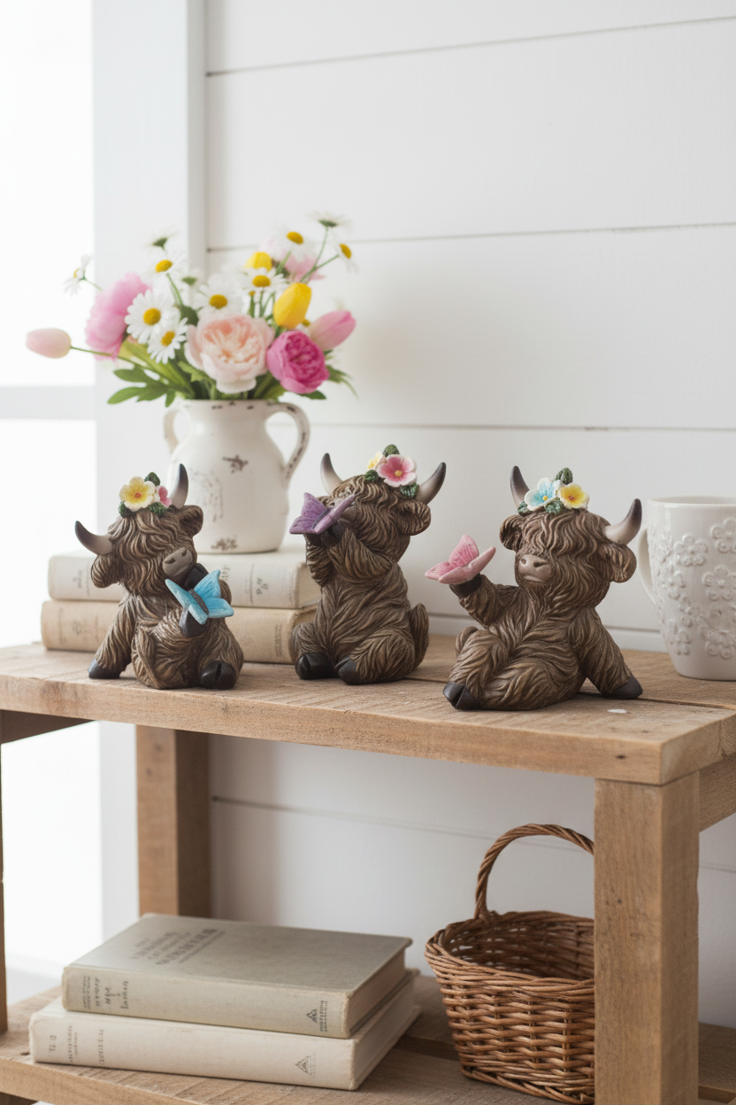 Highland Cow with Butterfly and Flowers