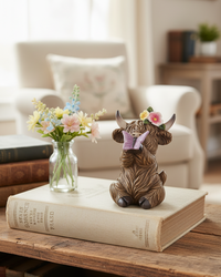 Highland Cow with Butterfly and Flowers