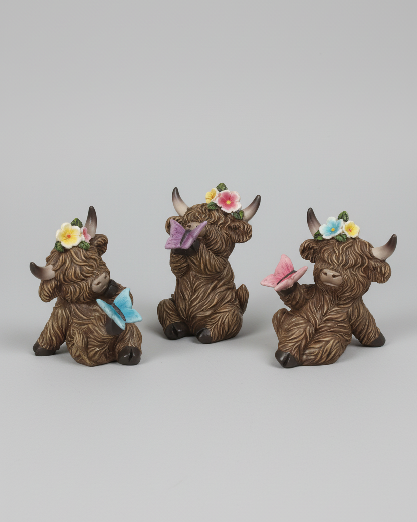 Highland Cow with Butterfly and Flowers