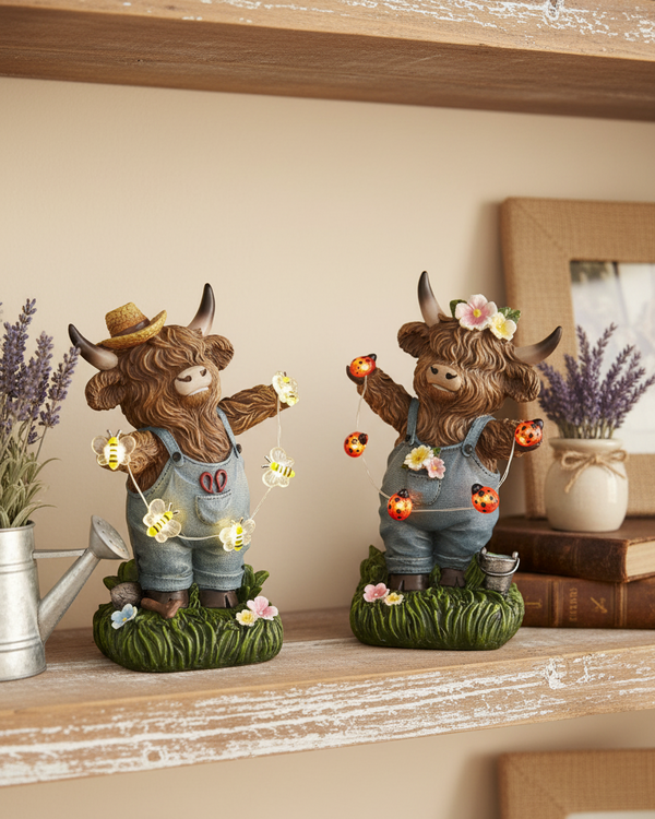 Highland Cow with String Lights and Timer