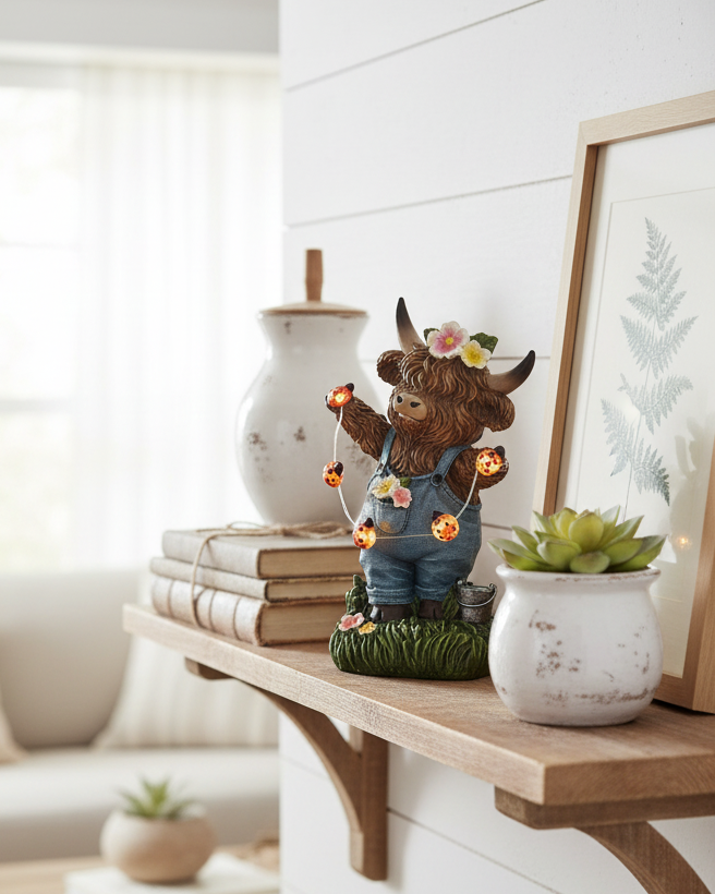 Highland Cow with String Lights and Timer