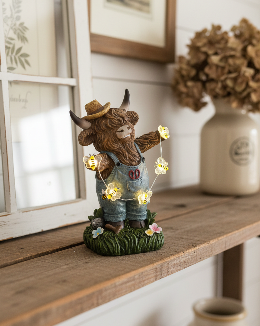 Highland Cow with String Lights and Timer