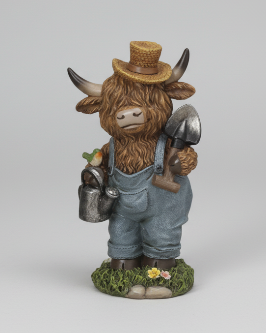 Highland Cow in Denim Overalls
