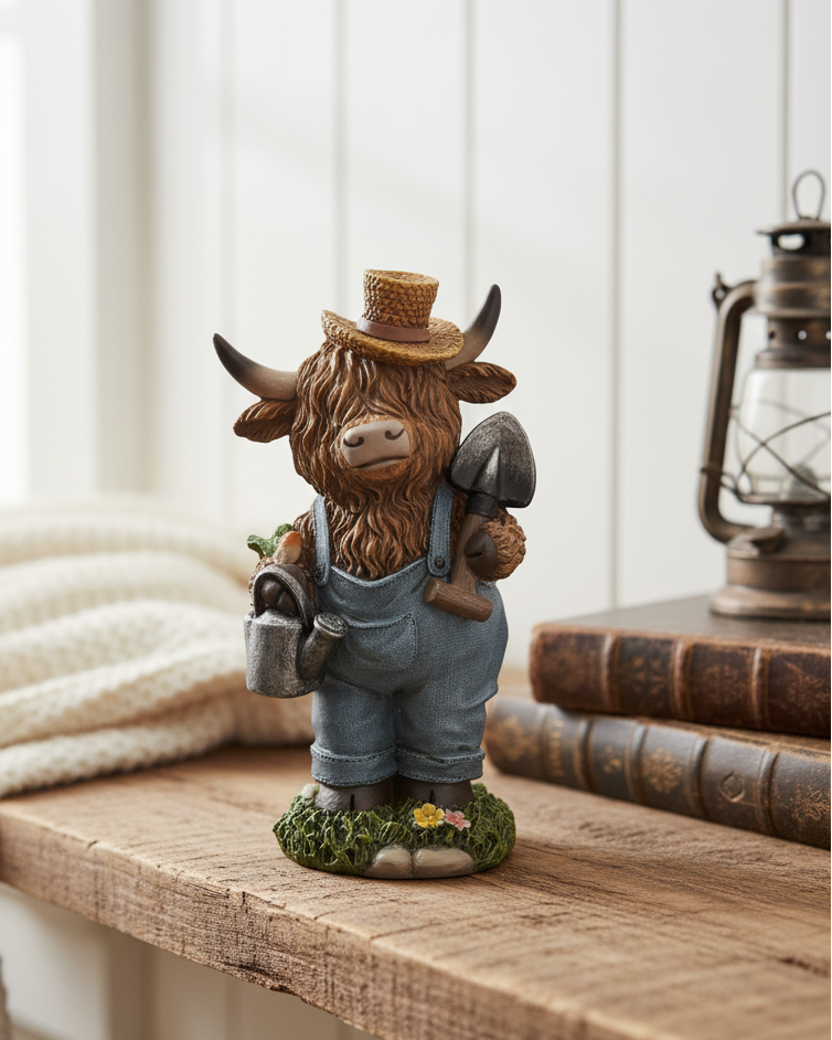 Highland Cow in Denim Overalls