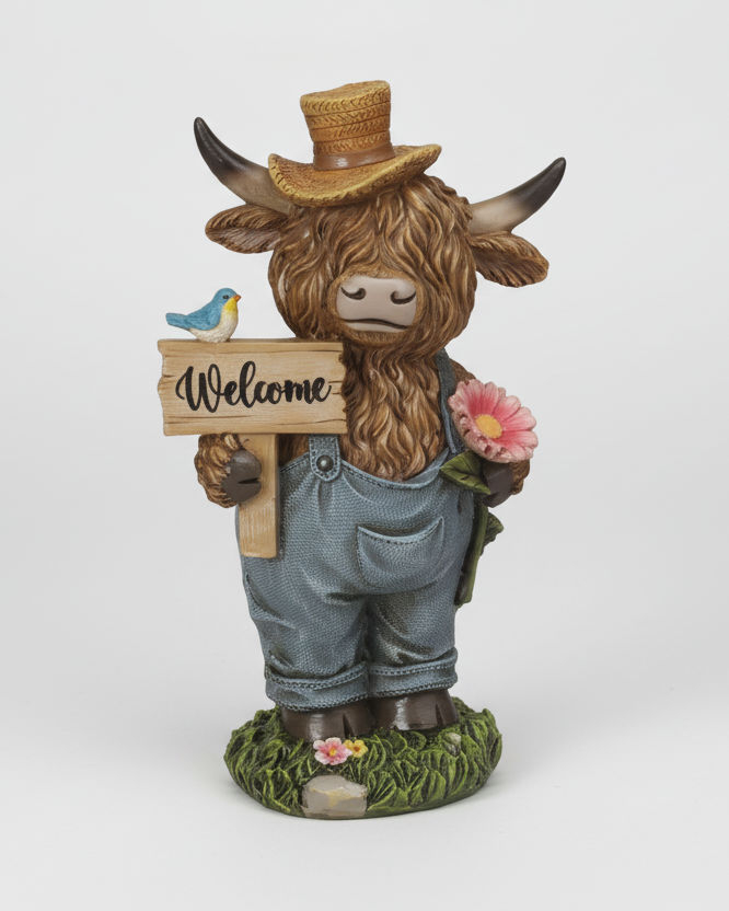 Highland Cow in Denim Overalls