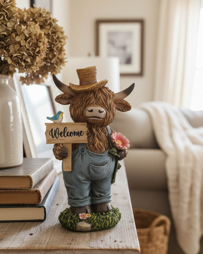 Highland Cow in Denim Overalls