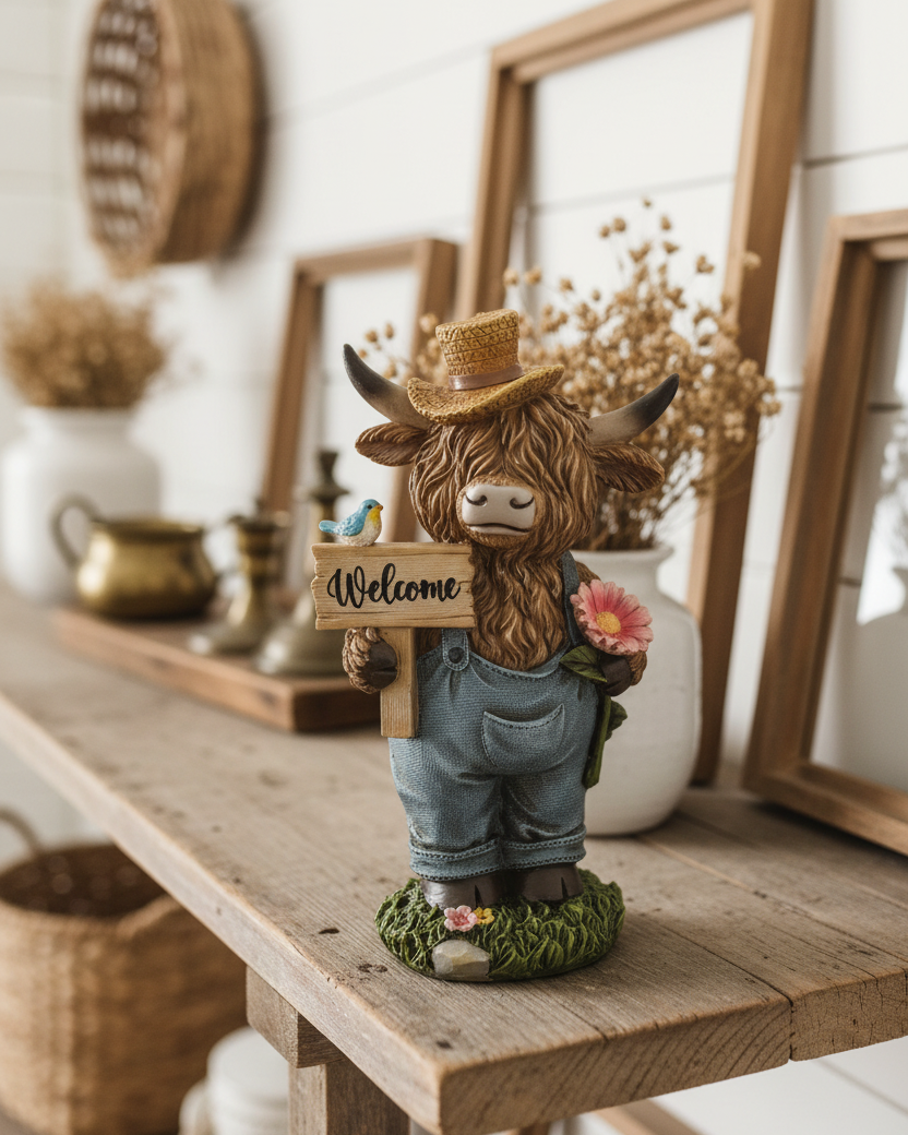 Highland Cow in Denim Overalls