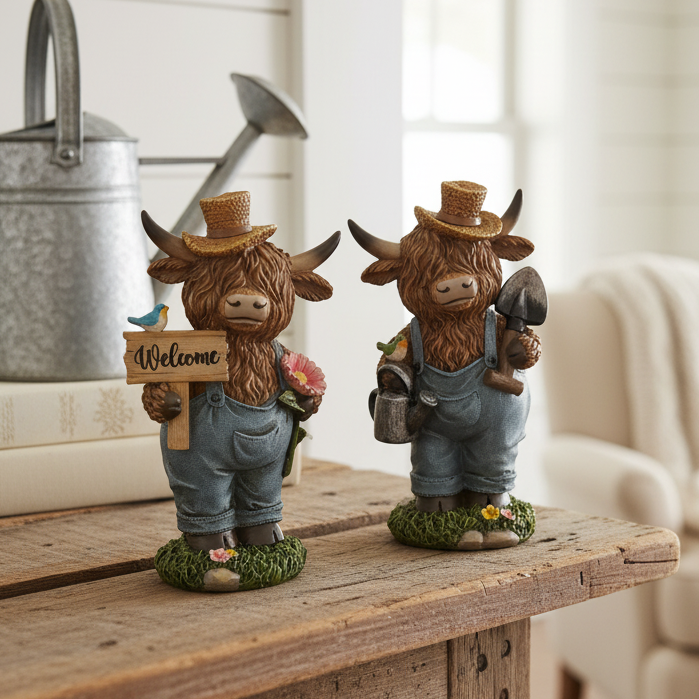 Highland Cow in Denim Overalls