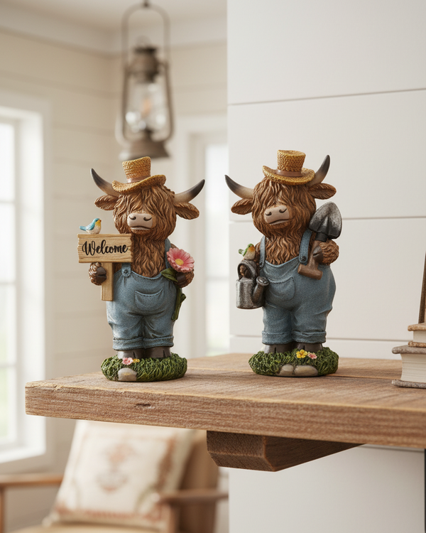 Highland Cow in Denim Overalls