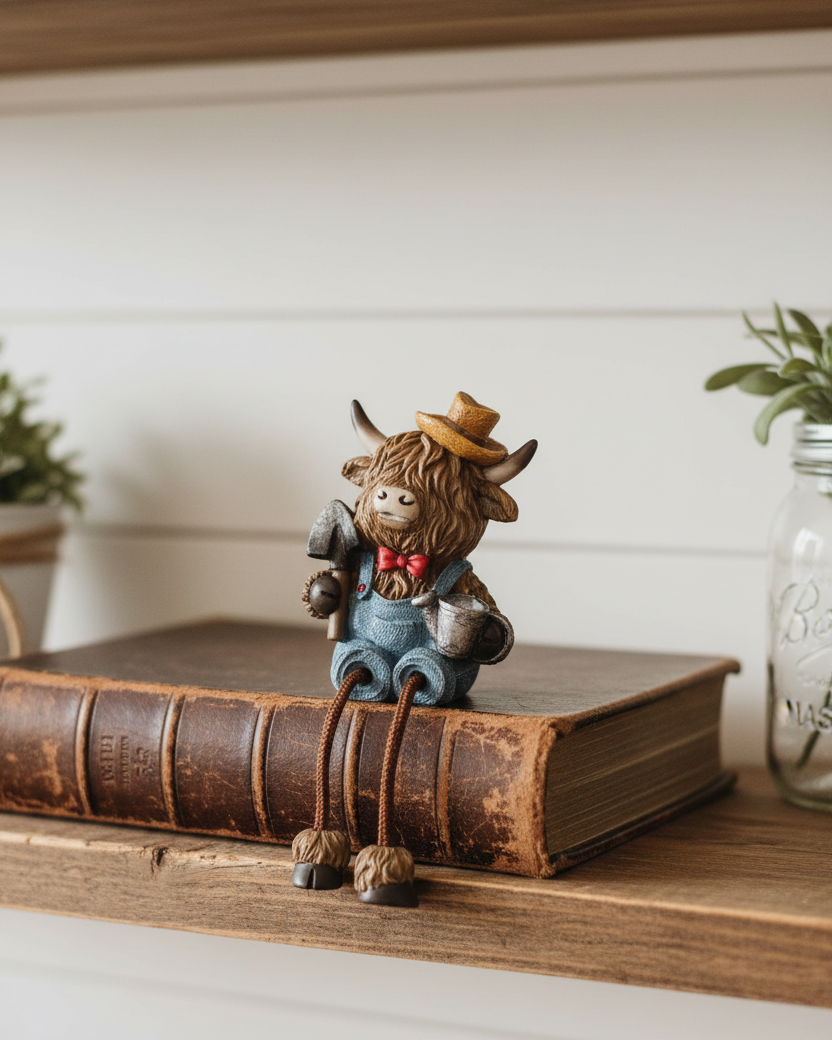 Highland Cow Shelf Sitter with Garden Accessory