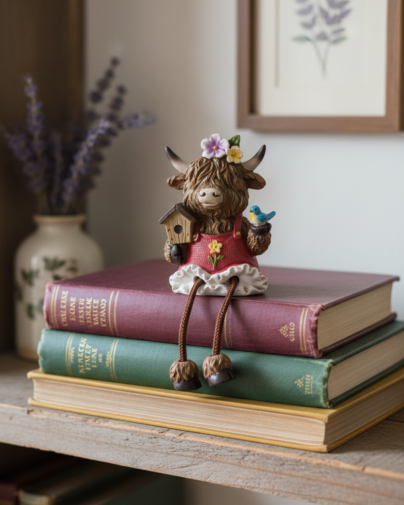 Highland Cow Shelf Sitter with Garden Accessory