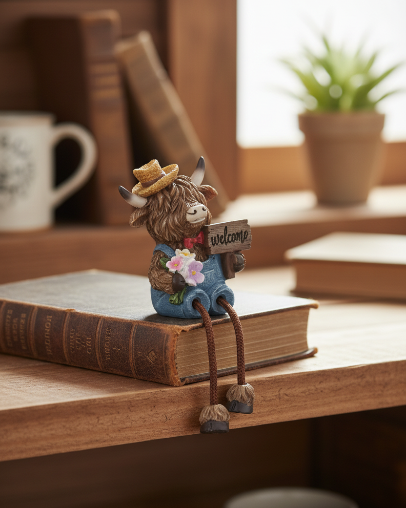 Highland Cow Shelf Sitter with Garden Accessory