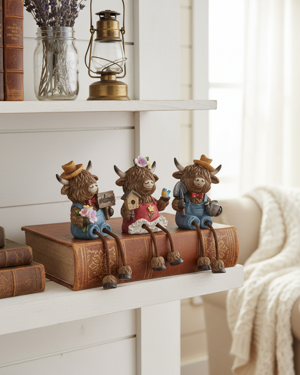 Highland Cow Shelf Sitter with Garden Accessory